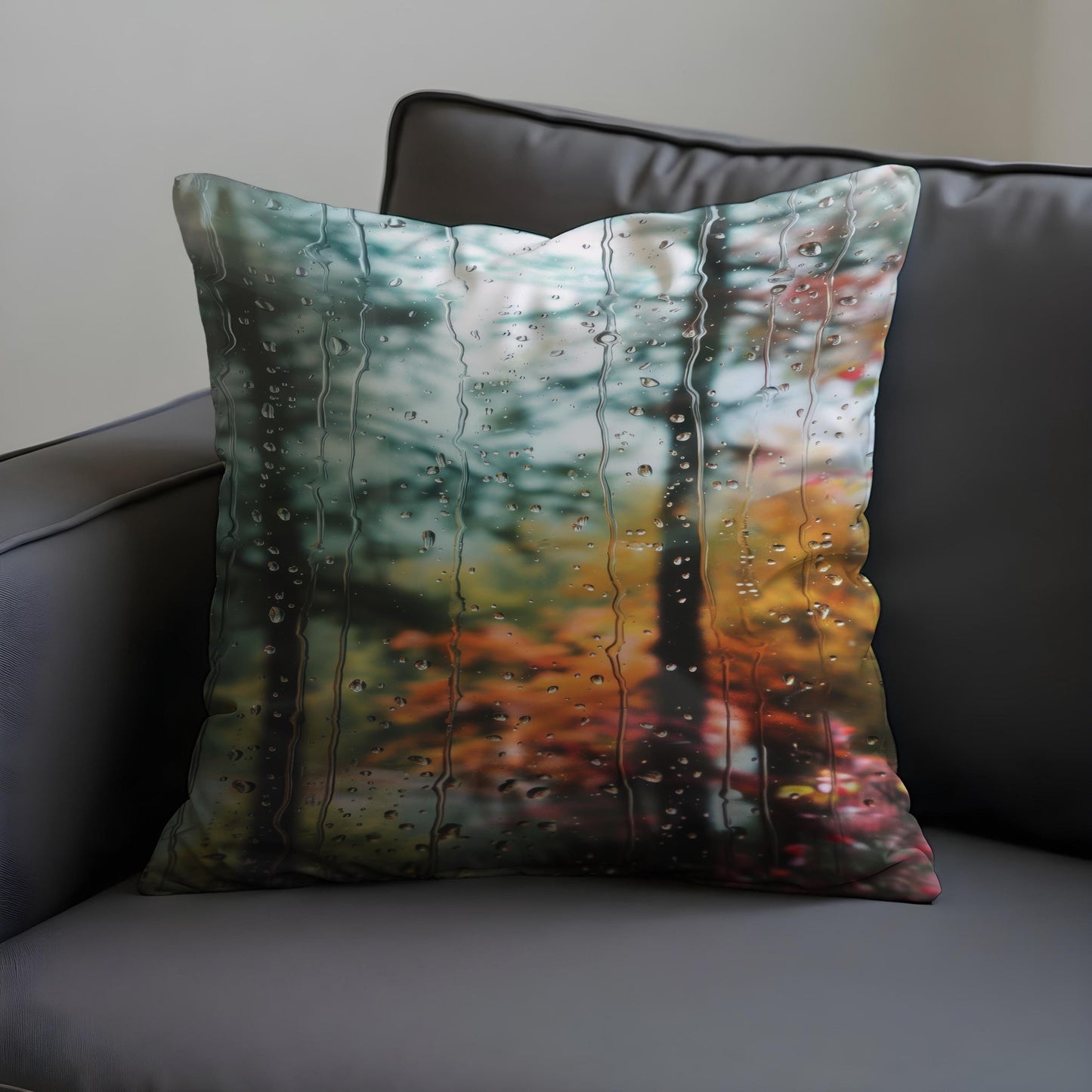 Rainy Window Forest Cushion Cover, Moody Autumn Throw Pillow Cover