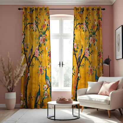 Yellow Chinoiserie Peacock Curtains, Floral Window Drapes