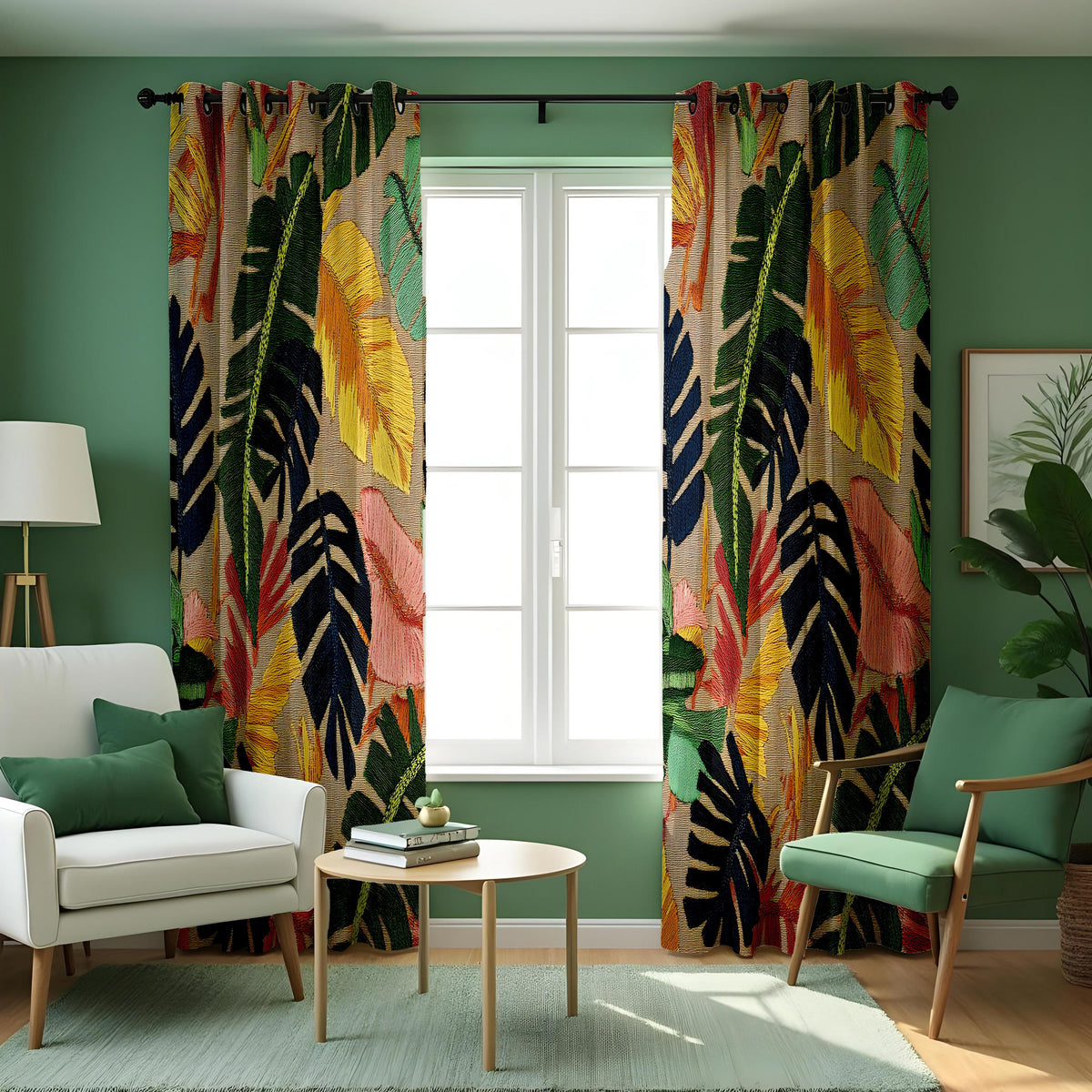 Multicolour Tropical Leaf Curtains, Jungle Foliage Drapes