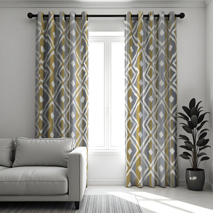 Grey Mustard Geometric Curtains, Abstract Pattern Drapes