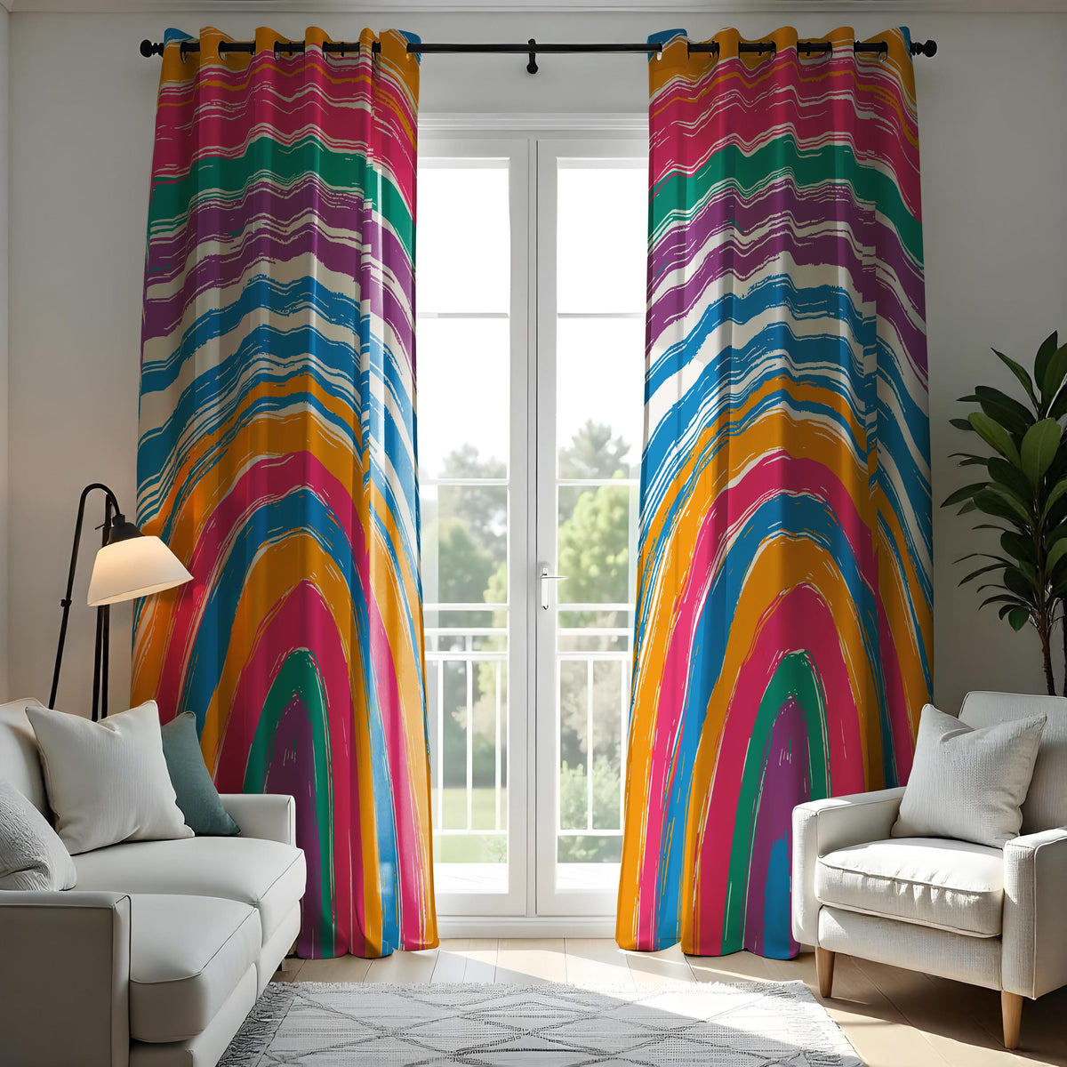 Rainbow Striped Curtains, Boho Paint Stroke Window Drapes