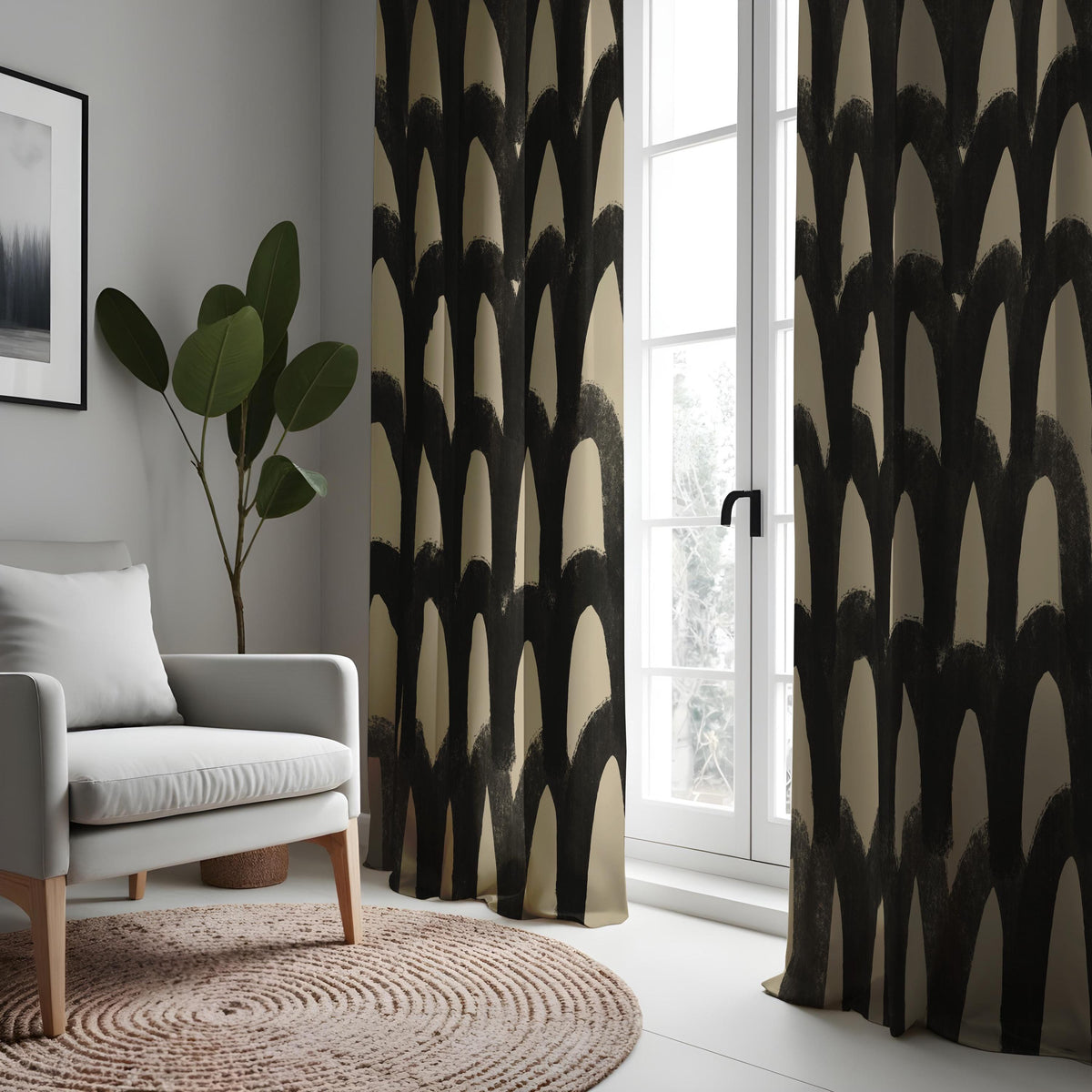 Black Beige Brushstroke Curtains, Abstract Geometric Drapes