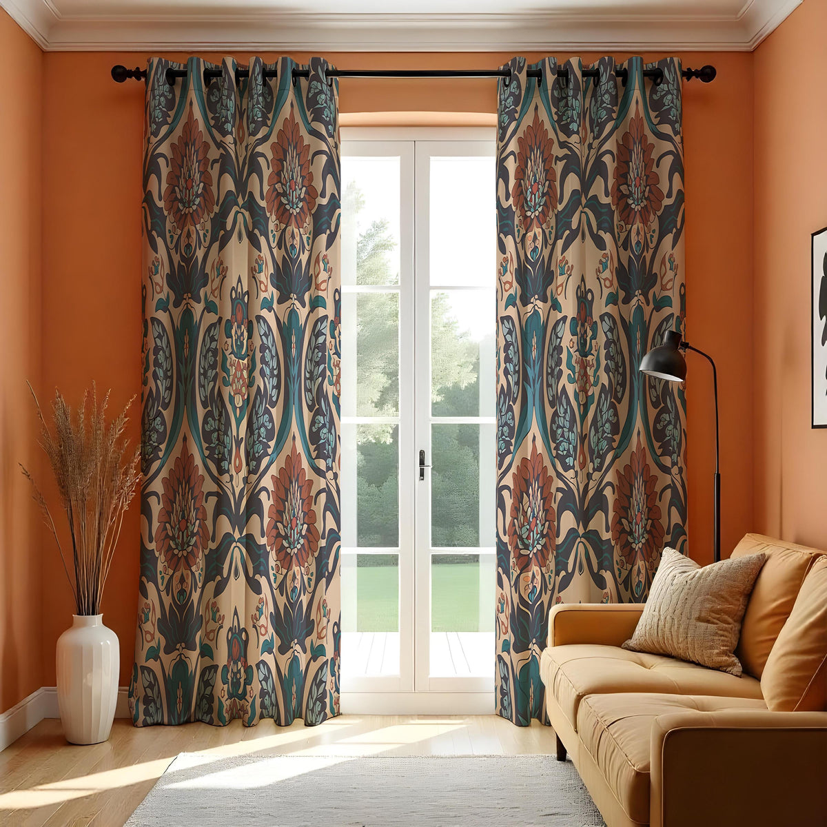 Teal & Rust Damask Floral Curtains, Boho Baroque Drapes