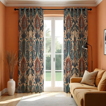 Teal & Rust Damask Floral Curtains, Boho Baroque Drapes