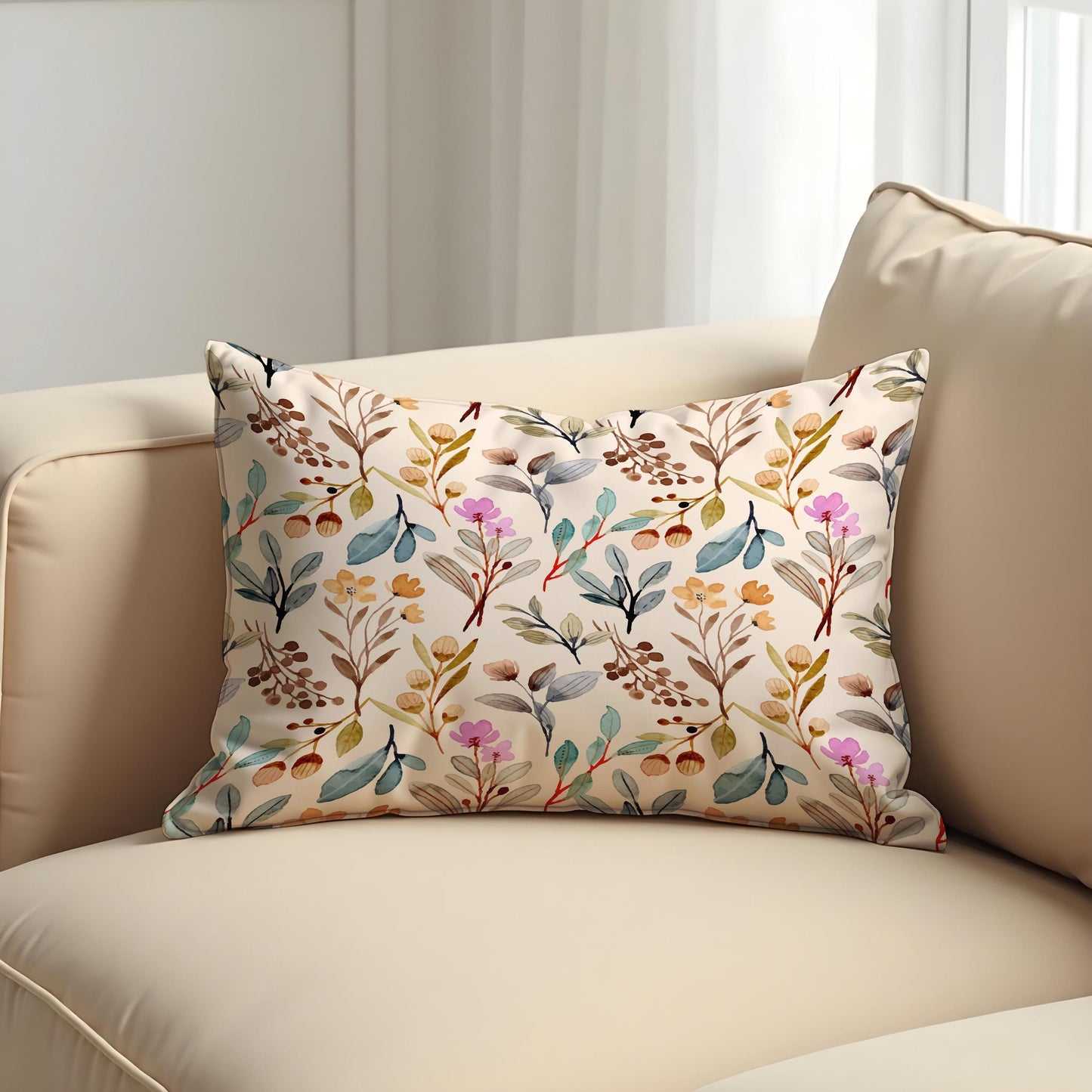 Watercolor Botanical Throw Cushion Cover, Soft Beige Pillow Case