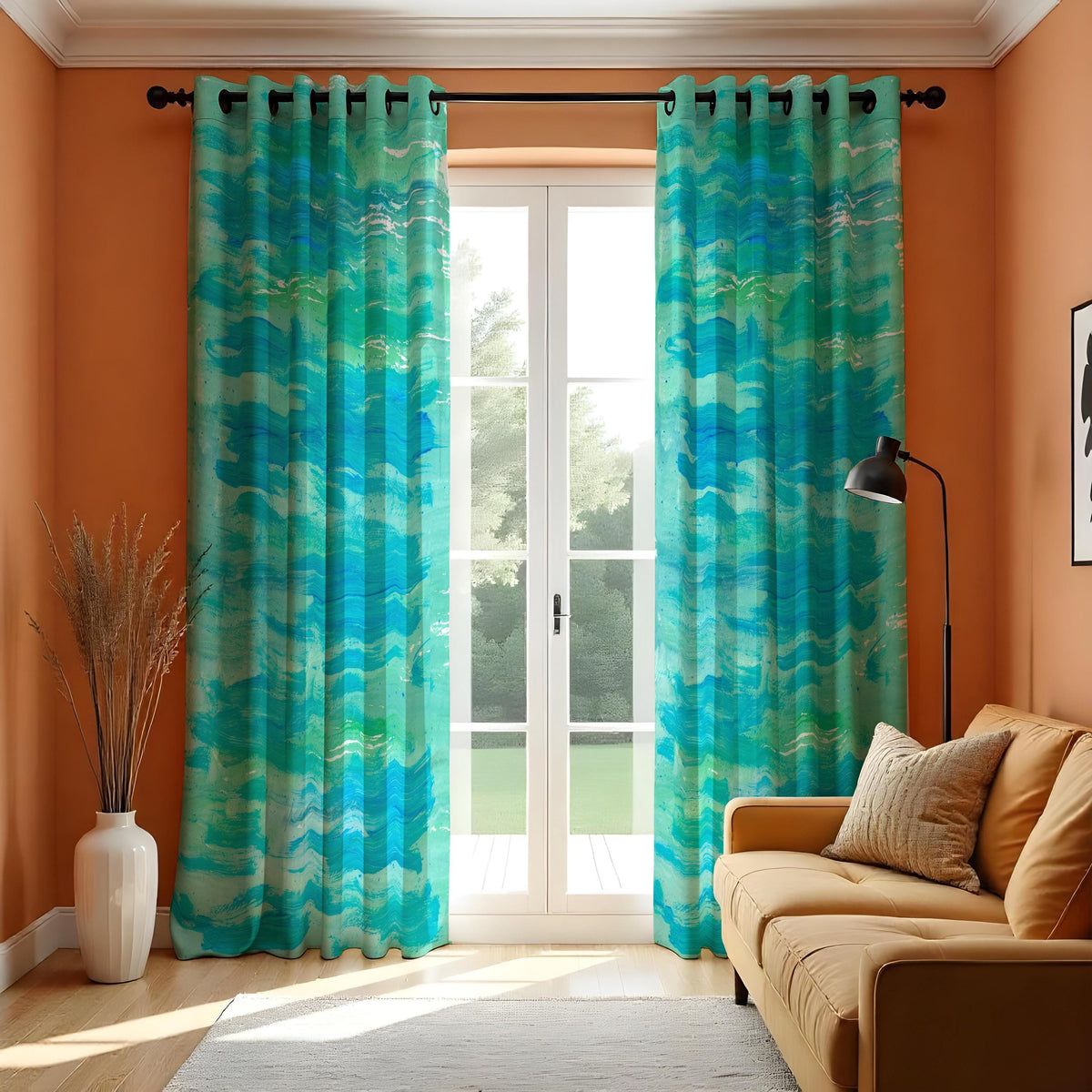 Aqua Blue Ocean Wave Curtains, Watercolor Coastal Drapes