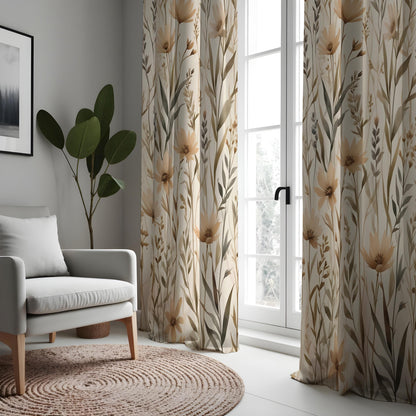 Beige Neutral Floral Curtains, Botanical Pattern Drapes