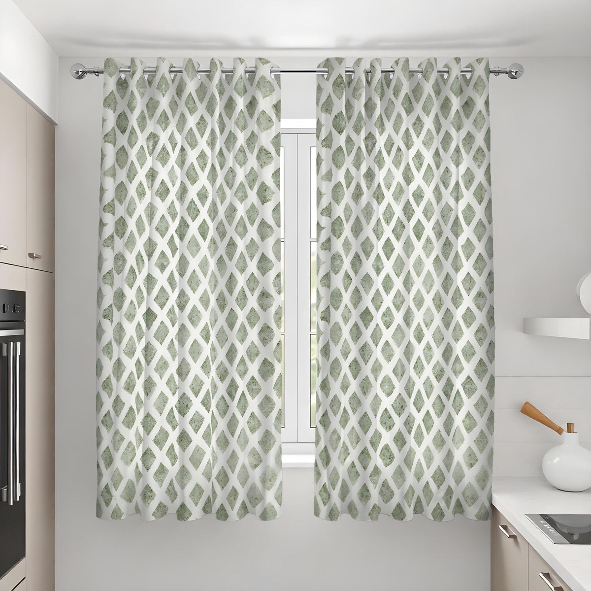 Green Geometric Curtain Panels, Abstract Print Custom Drapes