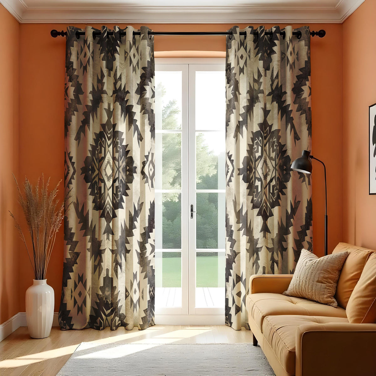 Neutral Aztec Curtains, Boho Tribal Western Window Drapes
