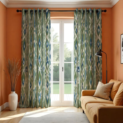 Green Blue Boho Ikat Curtains, Vertical Geometric Drapes