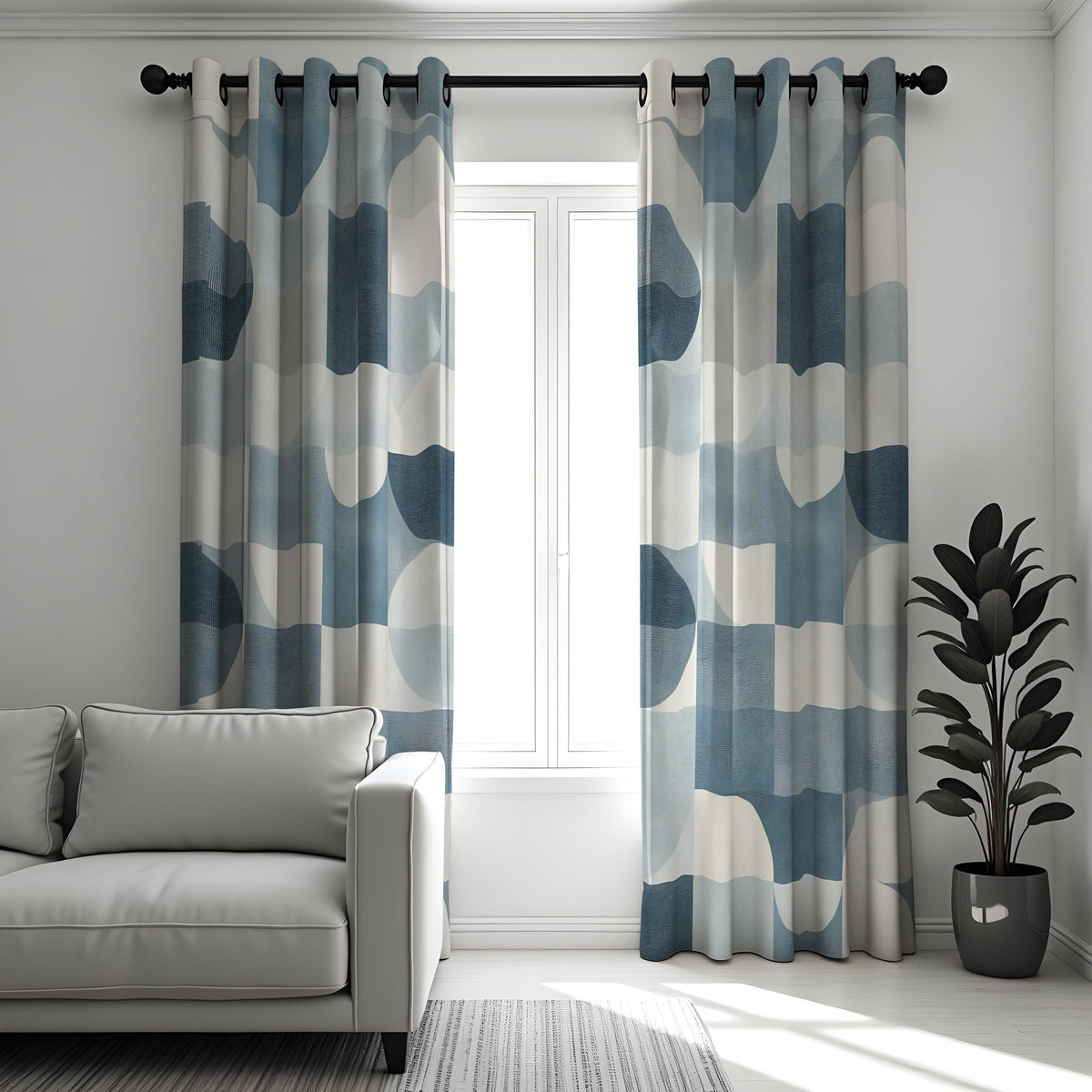 Blue Abstract Geometric Curtains, Minimalist Custom Drapes