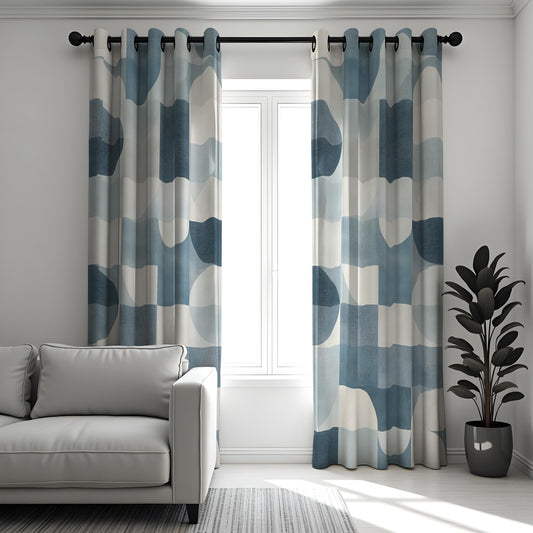 Blue Abstract Geometric Curtains, Minimalist Custom Drapes