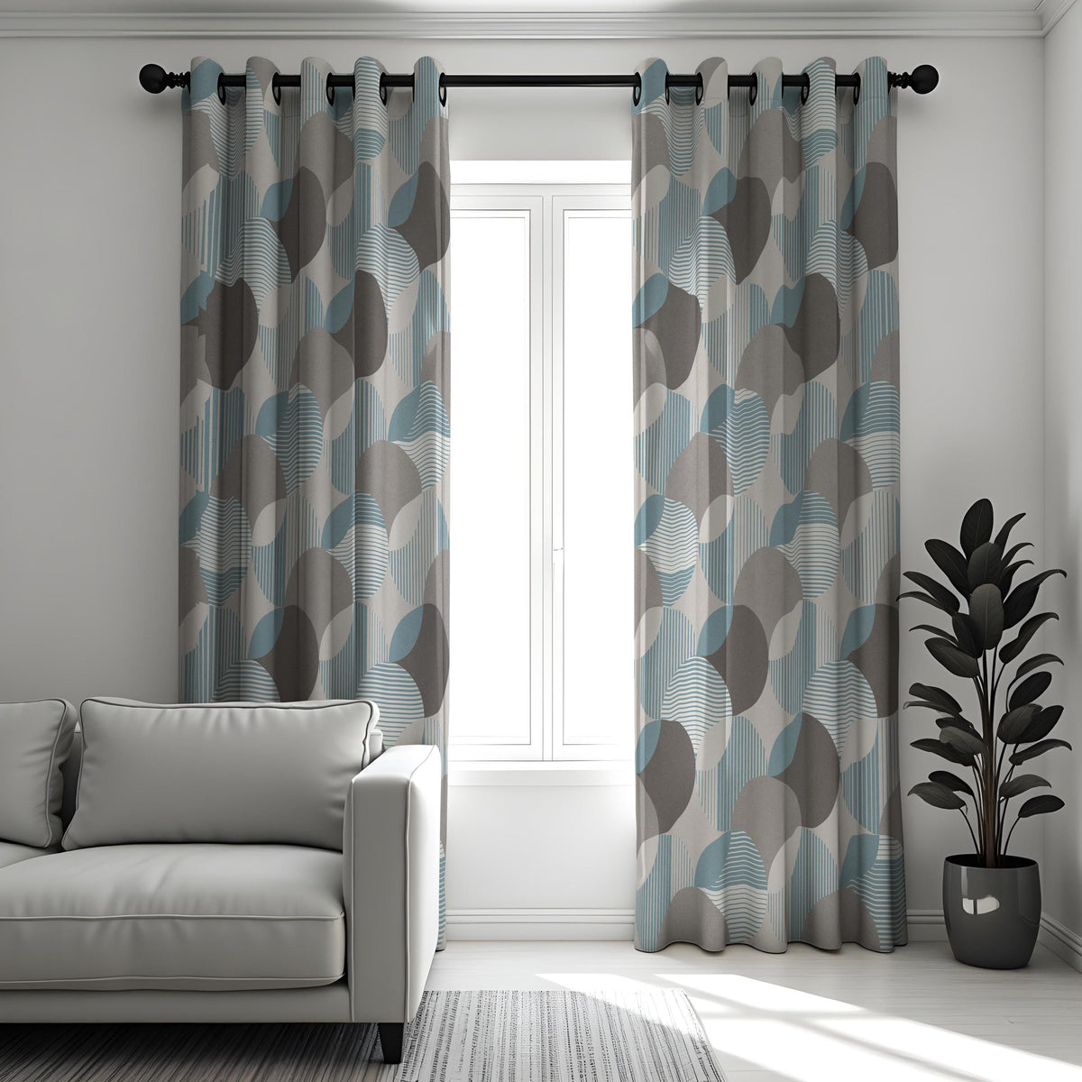 Blue Grey Geometric Curtains, Abstract Made to Measure Drapes