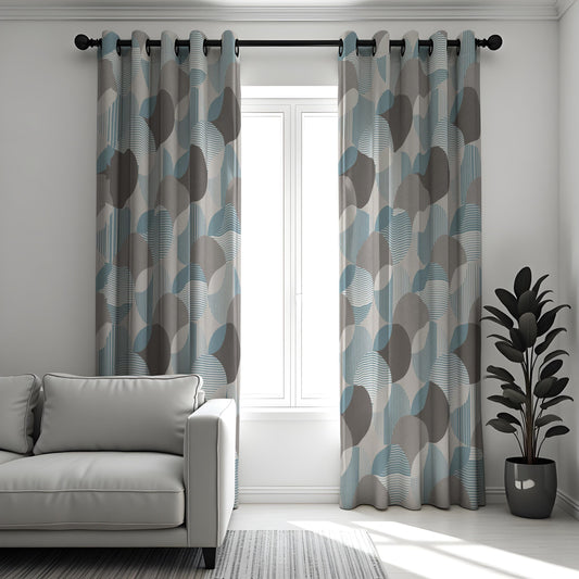 Blue Grey Geometric Curtains, Abstract Made to Measure Drapes