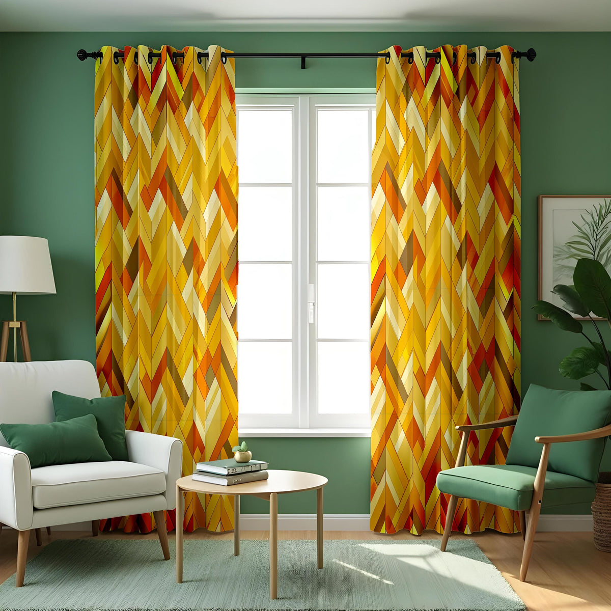 Yellow Orange Chevron Curtains, Retro Geometric Drapes