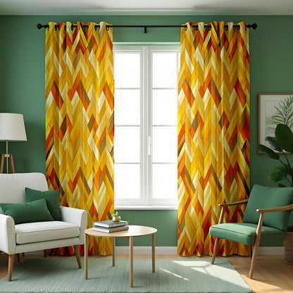 Yellow Orange Chevron Curtains, Retro Geometric Drapes