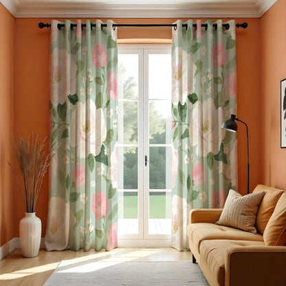 Pink & White Floral Curtains, Big Bloom Botanical Drapes