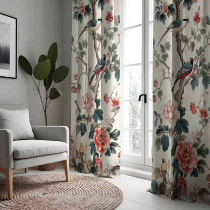 Chinoiserie Bird Curtains, Floral Botanical Custom Drapes