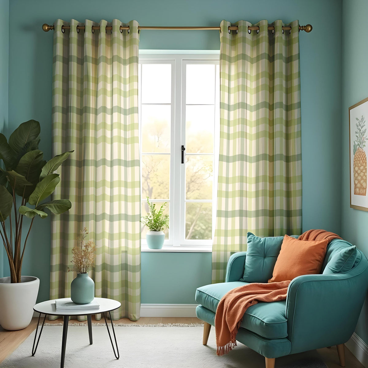 Green Gingham Plaid Curtains, Farmhouse Kitchen Drapes