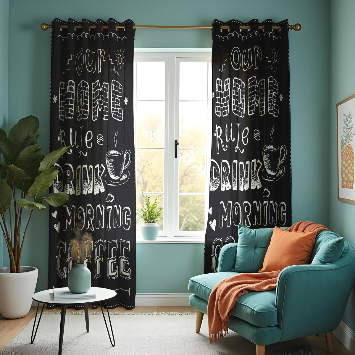 Black Coffee Kitchen Curtains, Funny Quote Cafe Drapes