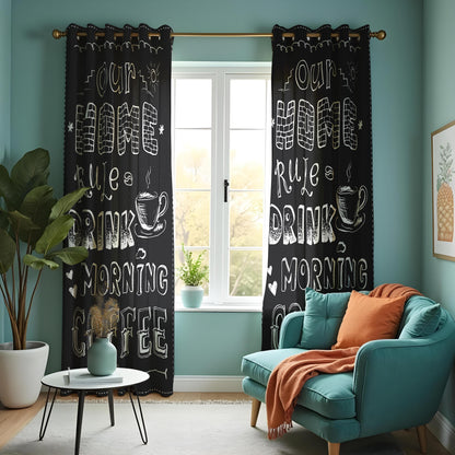 Black Coffee Kitchen Curtains, Funny Quote Cafe Drapes
