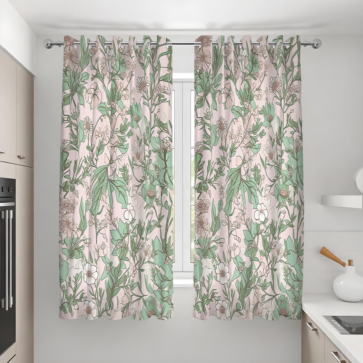 Green & Beige Botanical Line Art Curtains, Leaf Print Drapes