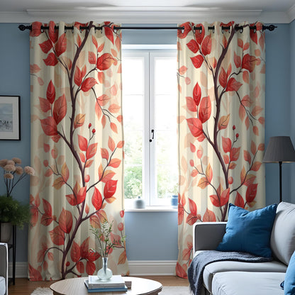 Red Autumn Leaf Curtains, Warm Fall Botanical Drapes