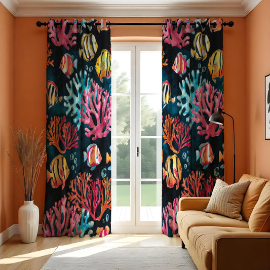 Dark Ocean Coral Reef Curtains, Pink Teal Yellow Drapes