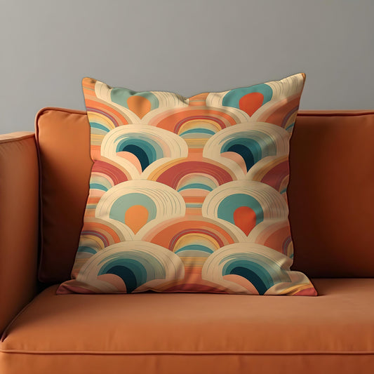 Retro Rainbow Cushion Cover, Coral Abstract Arcs Pillow Case