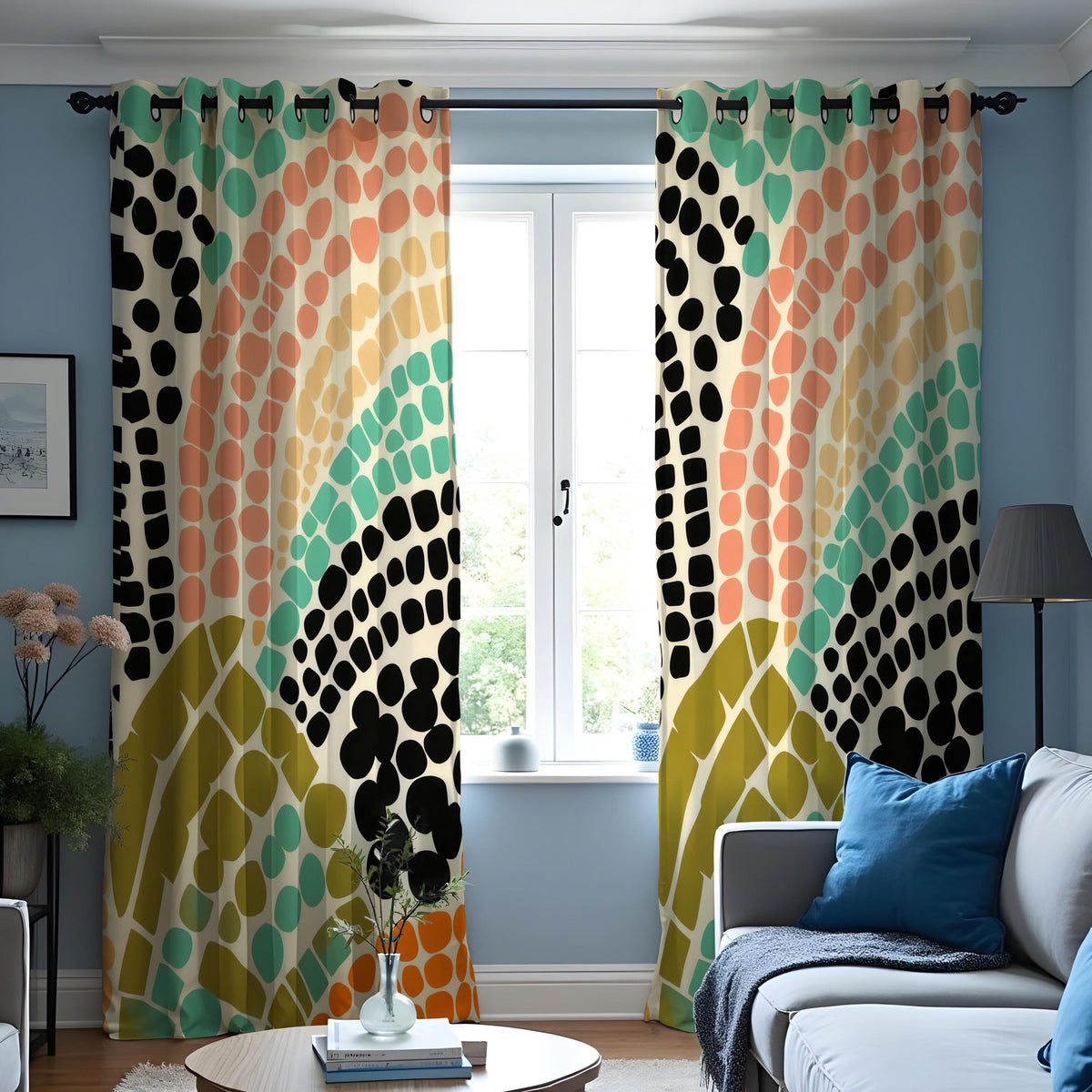 Colorful Retro Dot Curtains, Abstract Geometric Drapes