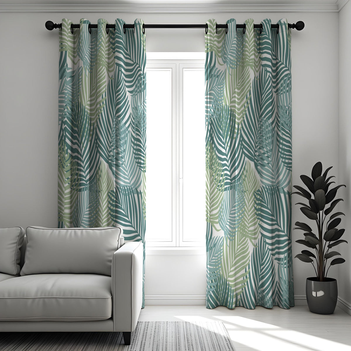 Teal & Sage Palm Leaf Curtains, Tropical Botanical Drapes