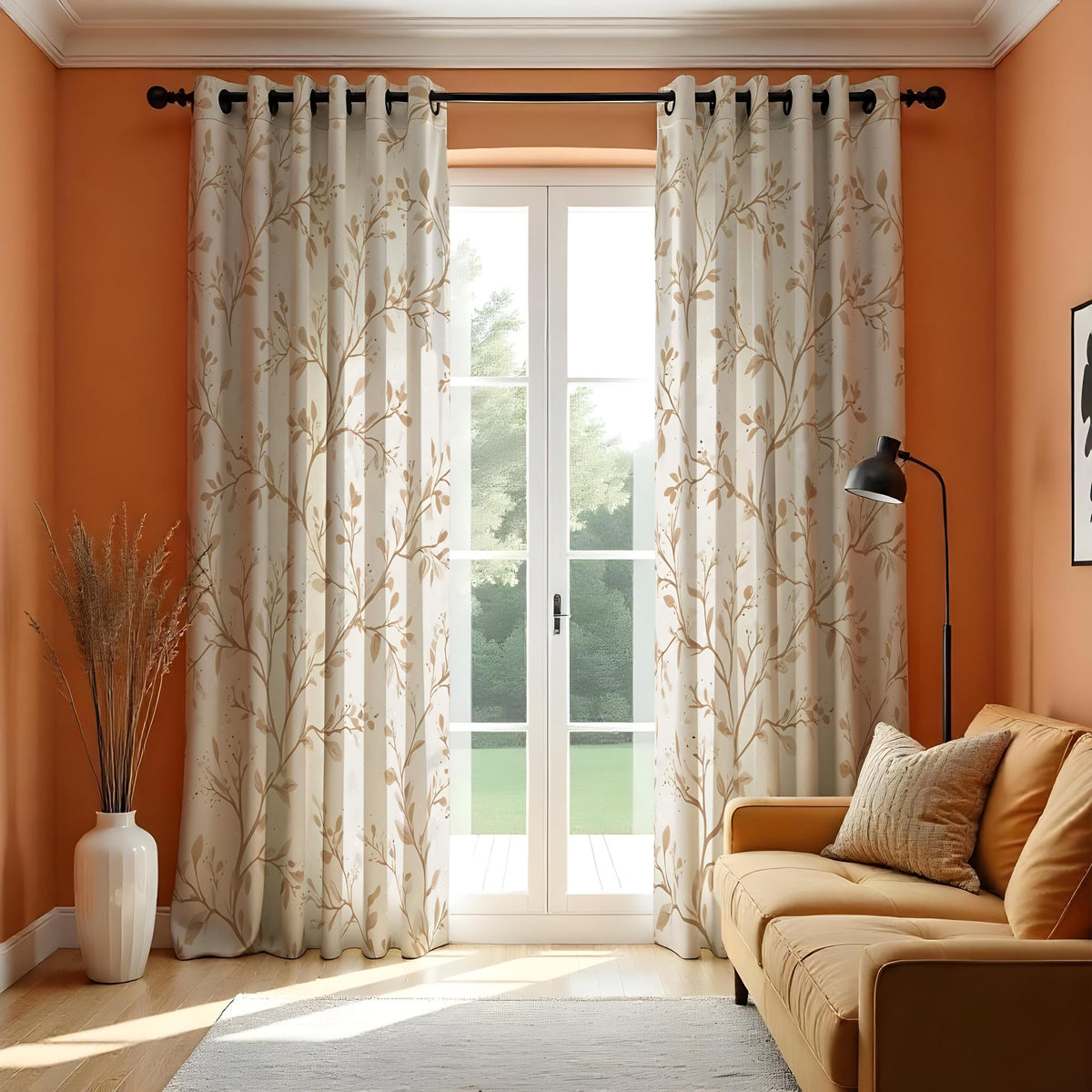 Beige Leaf & Branch Curtains, Neutral Botanical Drapes