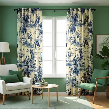 Blue Toile Curtains, French Country Pastoral Scene Drapes