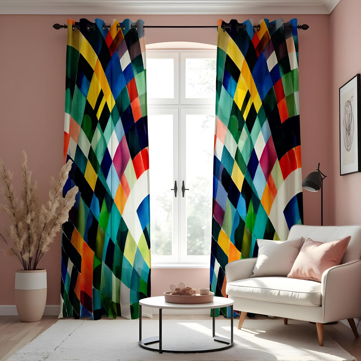 Rainbow Geometric Curtains, Colorful Abstract Window Drapes