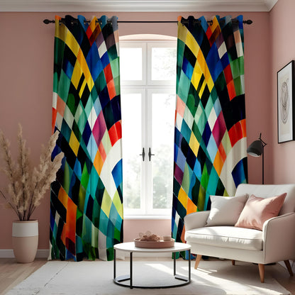 Rainbow Geometric Curtains, Colorful Abstract Window Drapes