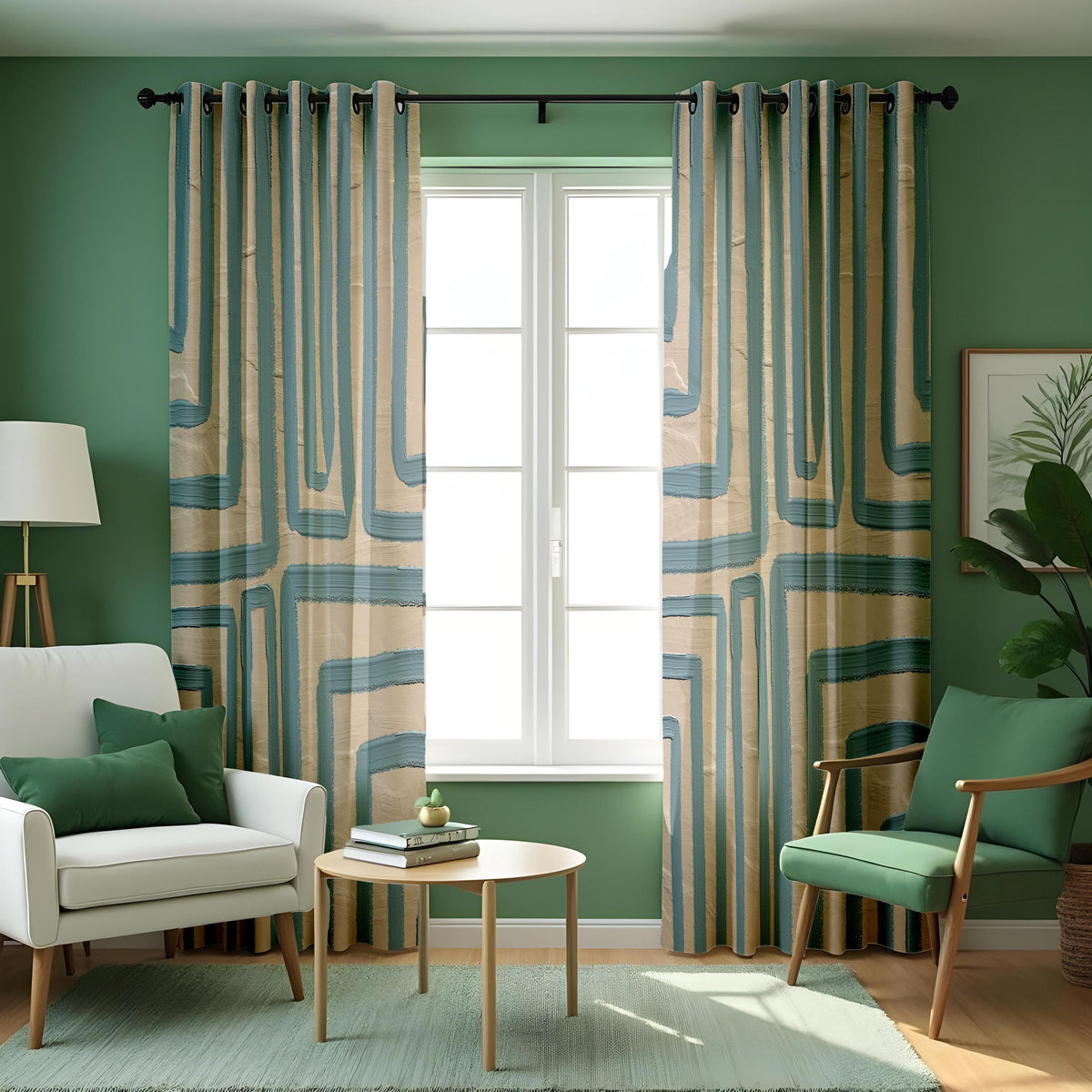 Blue Geometric Kitchen Curtains, Short Cafe Window Drapes