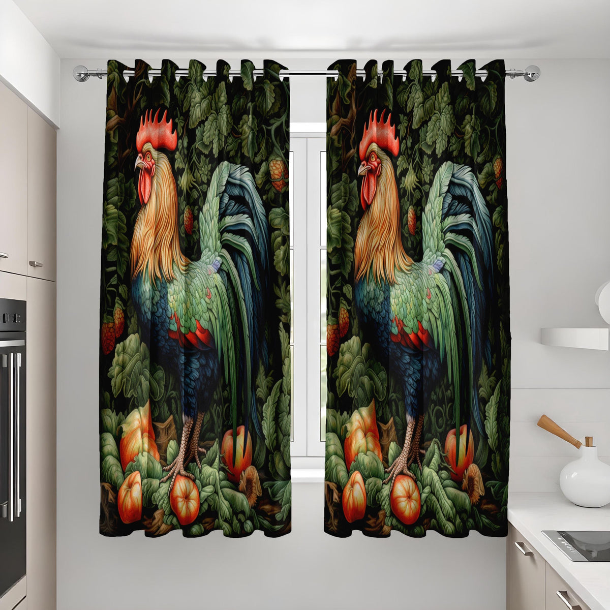 Rooster Kitchen Curtains, Farmhouse Chicken Print Drapes