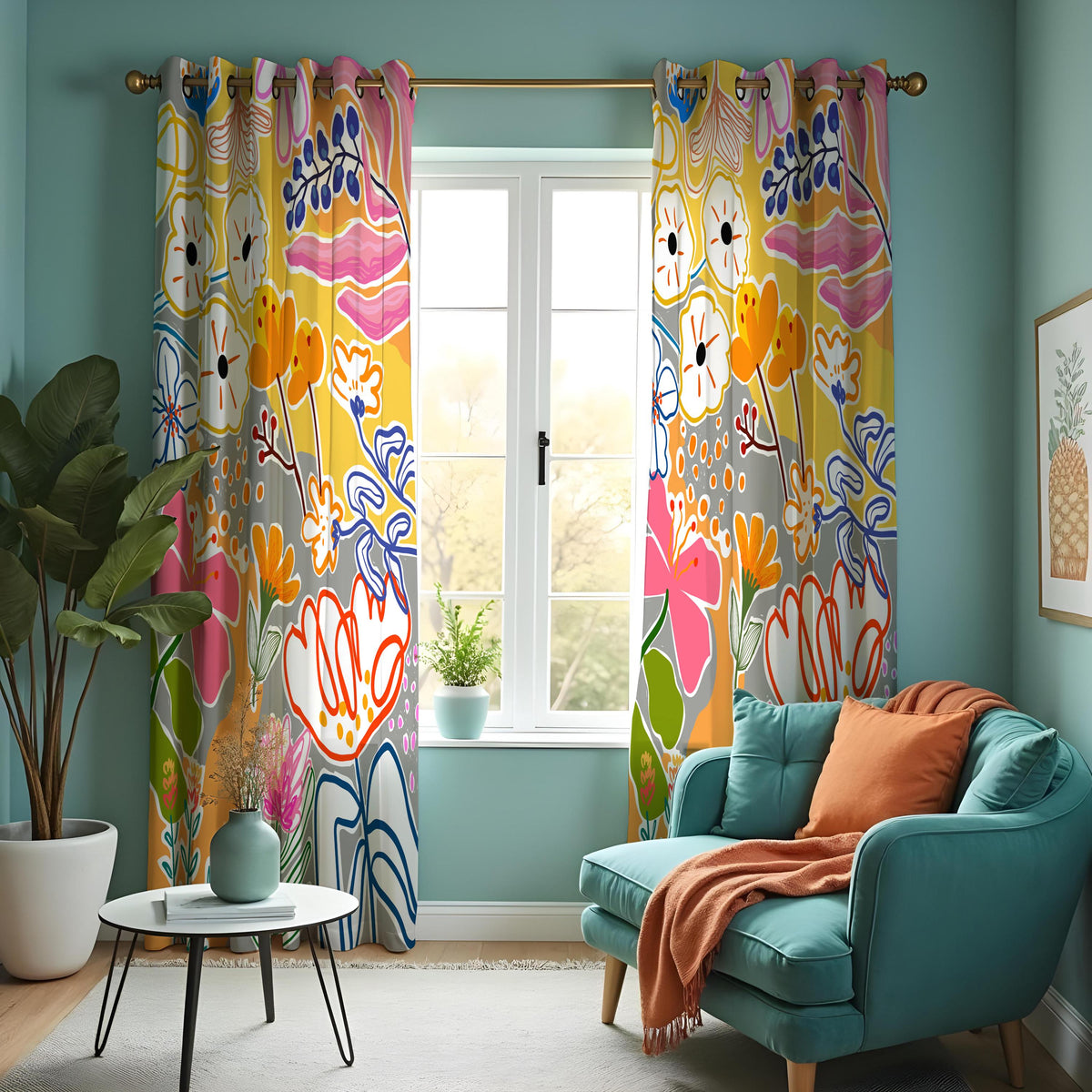 Bright Abstract Floral Curtains, Boho Art Print Drapes