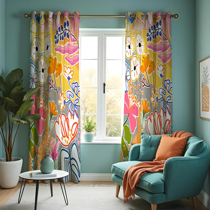 Bright Abstract Floral Curtains, Boho Art Print Drapes