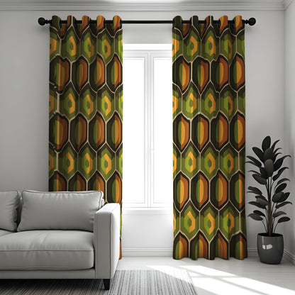Retro Geometric Curtains, Olive Green & Orange Drapes