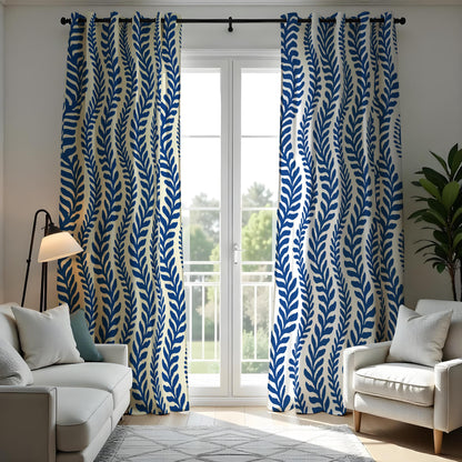 Navy & Cream Leaf Curtains, Nautical Coastal Wave Drapes