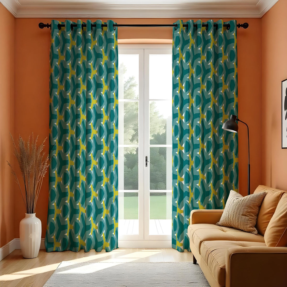 Teal Retro Geometric Curtains, Mid Century Modern Drapes