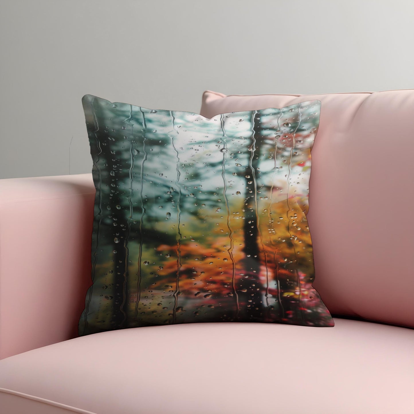 Rainy Window Forest Cushion Cover, Moody Autumn Throw Pillow Cover
