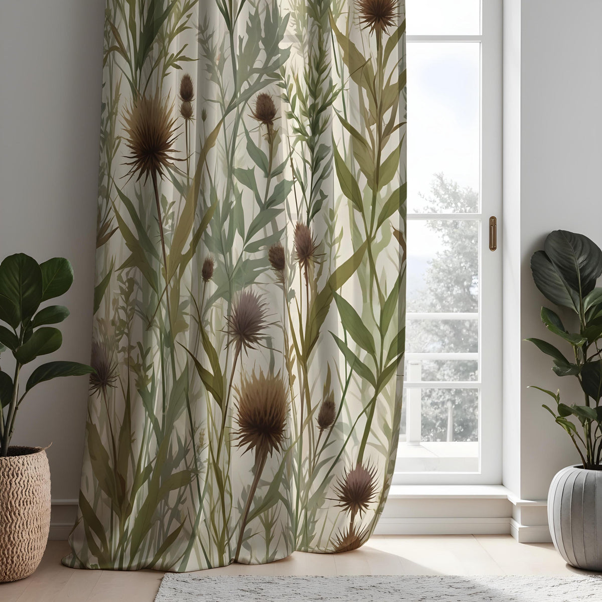 Earthy Thistle Curtains, Neutral Leaf Pattern Drapes