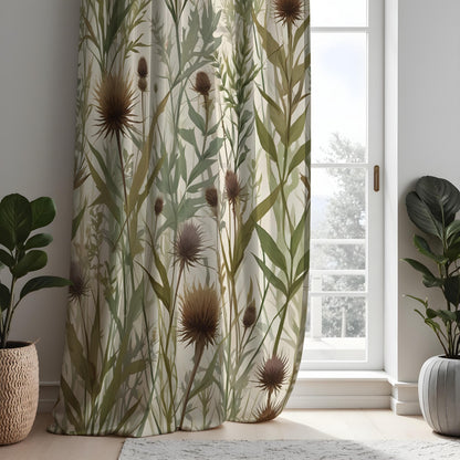 Earthy Thistle Curtains, Neutral Leaf Pattern Drapes