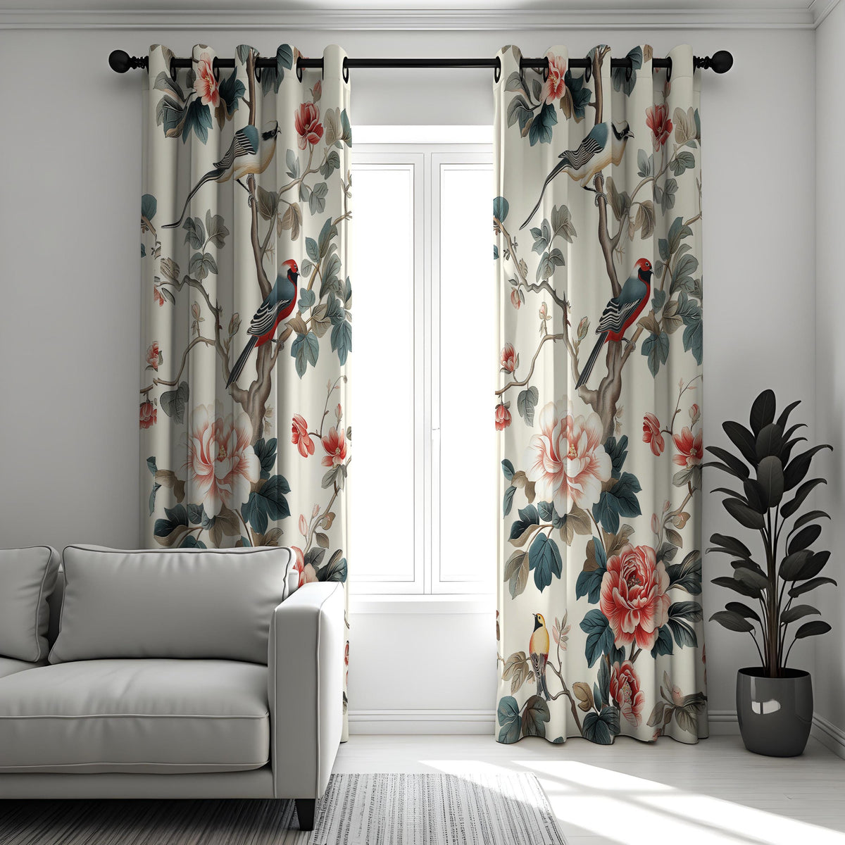 Chinoiserie Bird Curtains, Floral Botanical Custom Drapes