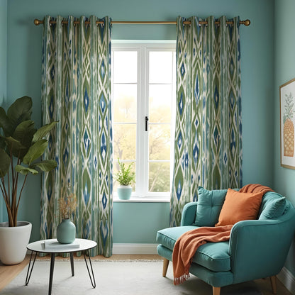 Green Blue Boho Ikat Curtains, Vertical Geometric Drapes