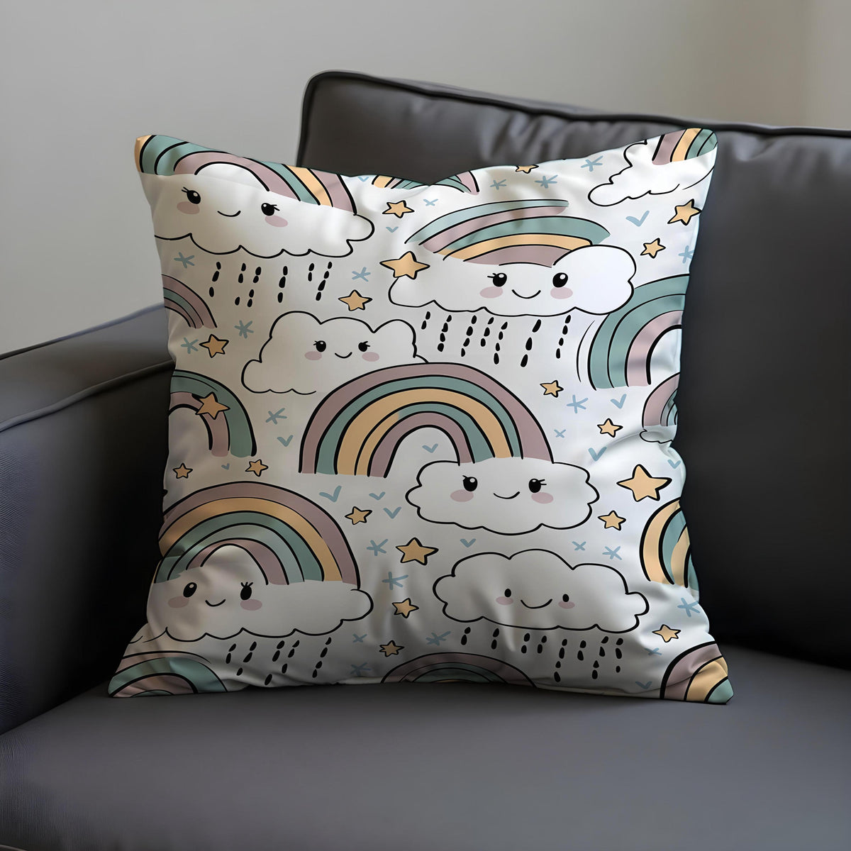 Rainbow Clouds Throw Pillow Cover, Nursery Cushion Case