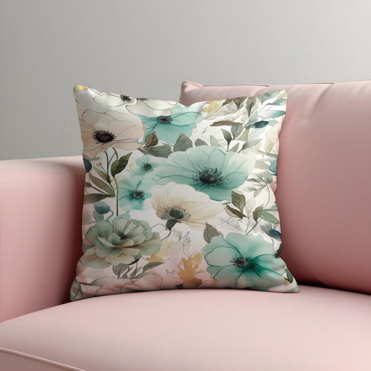 Aqua Floral Cushion Cover, Teal & Sage Watercolor Flowers Pillow Case