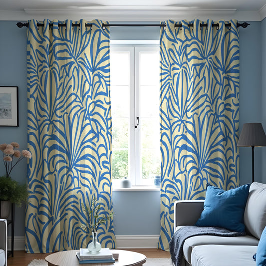 Blue Tropical Leaf Curtains, Coastal Beach House Drapes
